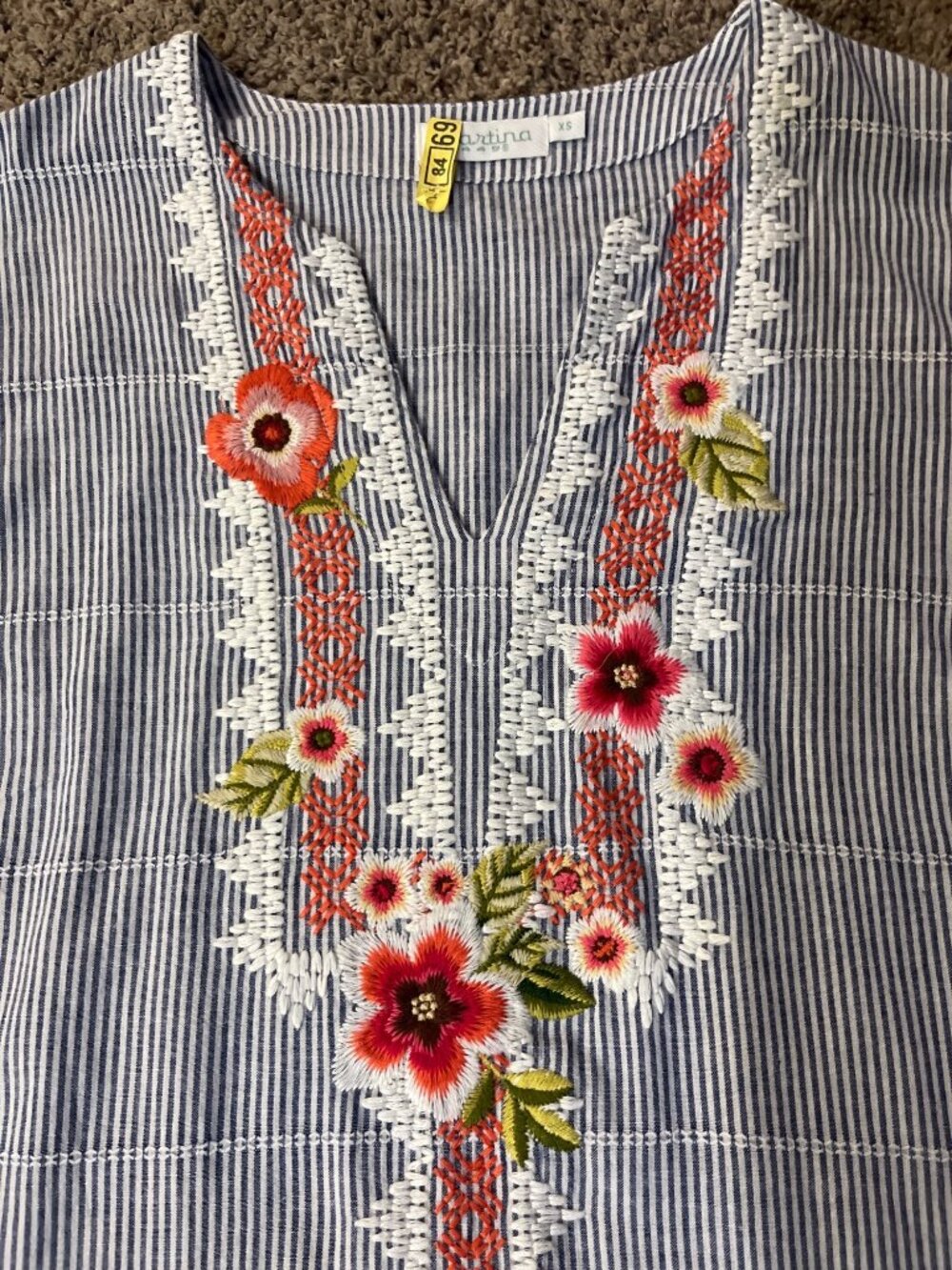 Spartina 449 Embroidered Tunic Dress Womens XS Blue Stripe Used 100% Cotton - Picture 12 of 15